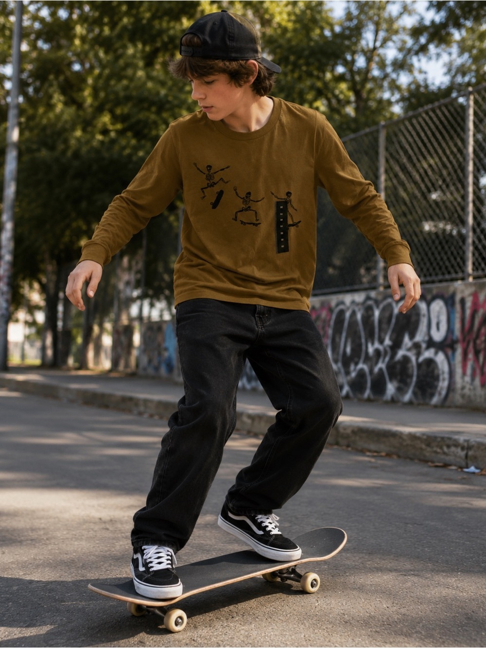 Boy Size 8/10 Long Sleeve Skateboard Skeleton Graphic Shirt Brown Halloween Fall - Picture 4 of 10